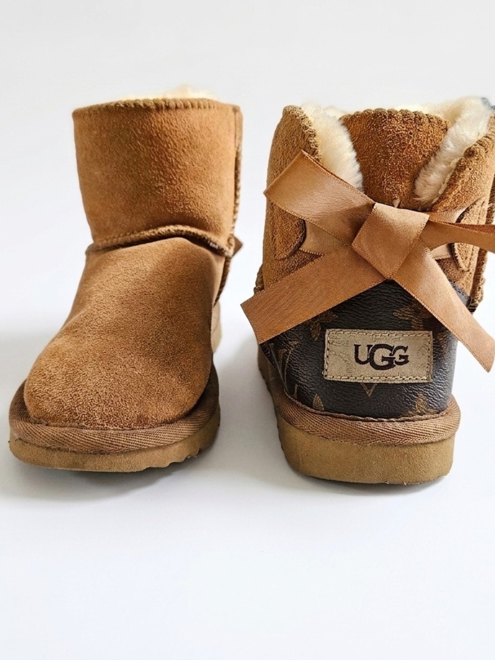 Custom Reworked UGG Chestnut Suede Monogram Bow Boots 34